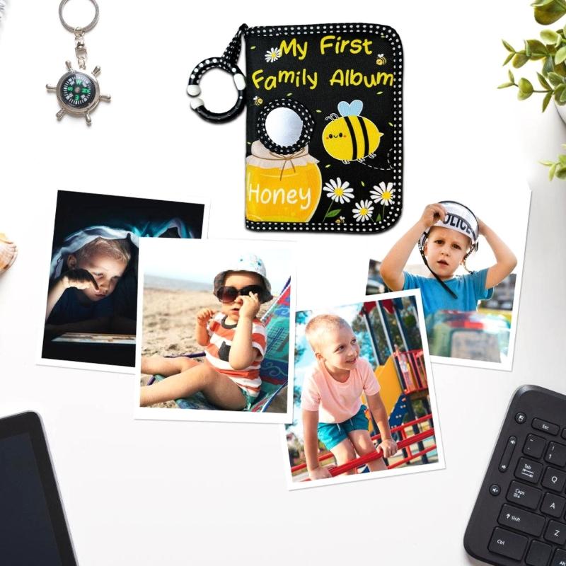 Bees Pattern Washable Baby Memory Book Album with Clear Photo Pocket and Safe Mirror for Capturing Preciously Moment