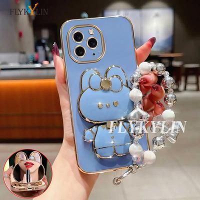 For Huawei Nova 14 13 11 10 Pura 80 70 60 50 Pro Mate 70 60 50 Rabbit Mirror Bracket Soft Shell With Pearl Knot Bracelet