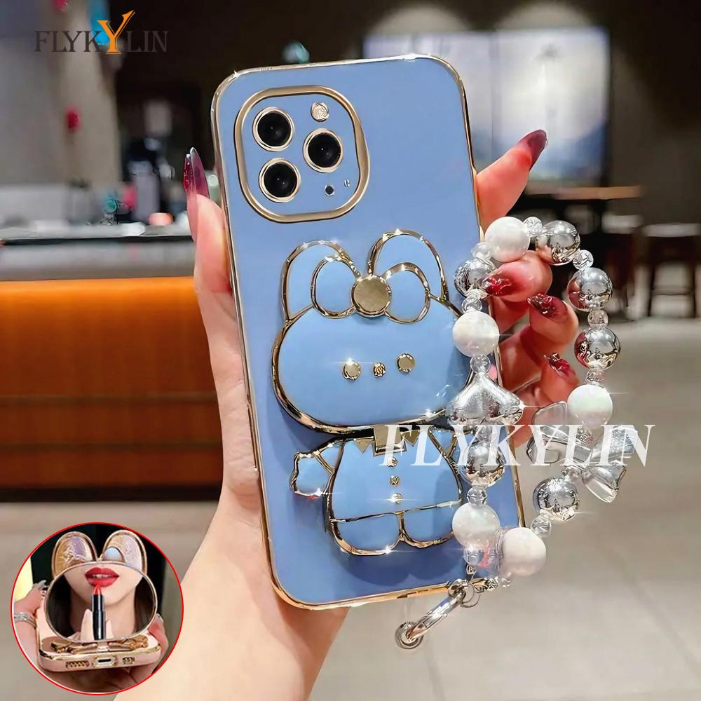 

Phone Case For Xiaomi Redmi Note 15 14 Pro Plus 14 Pro 4G 5G Rabbit Mirror Bracket Soft Shell With Pearl Knot Bracelet Redmi Note 14 (4G)