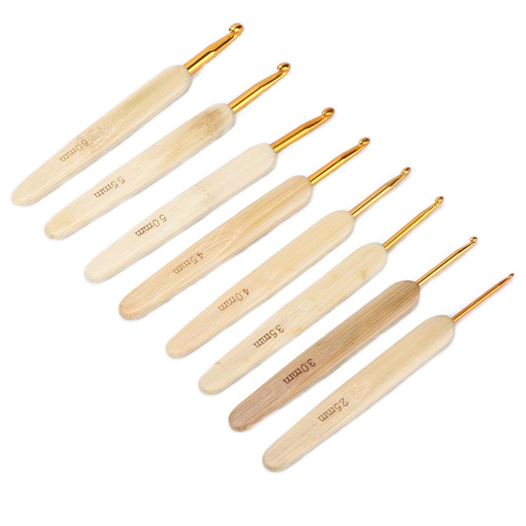 8pcs Crochet Hooks Alumina Needle Bamboo Handle Golden Weaving Tools for Handicraft Lovers