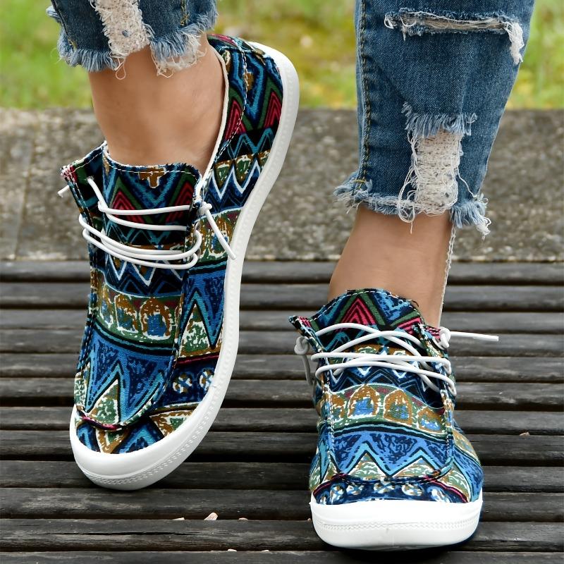 Women's Ethnic Geometric Pattern Lace-Up Slip-On Loafers - Breathable Fabric Round Toe Casual Boat Shoes with TPR Sole