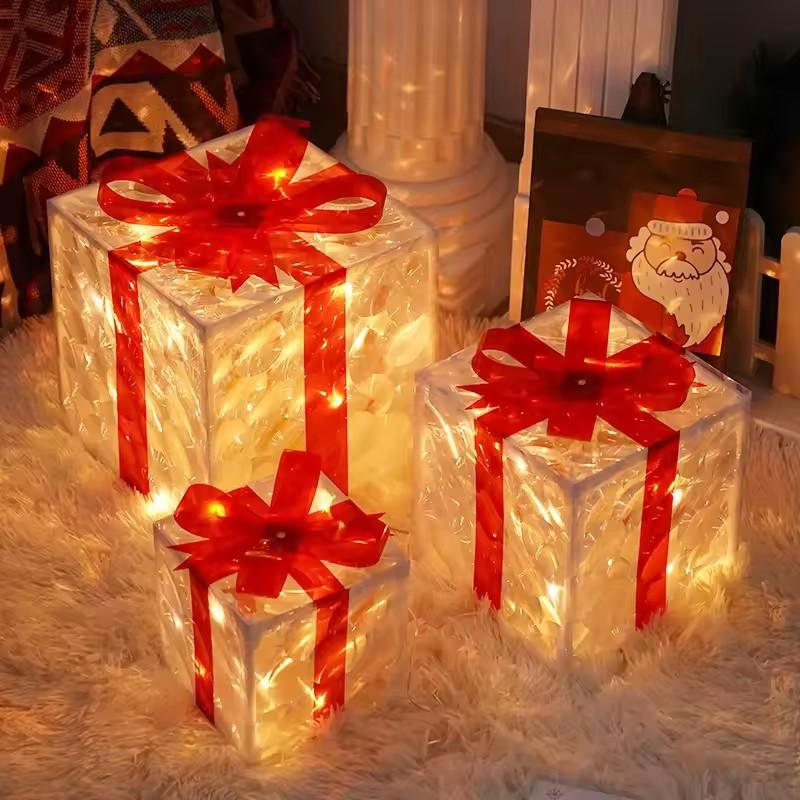 Christmas Glowing Gifts Box Decoration Ornament With Bow Lighting Box Outdoor Light Lighting Xmas New Year Home Yard Decor