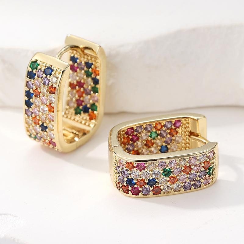 Vintage Square Copper Material Inlaid Colored Synthetic Zircon Hoop Earrings Women's Bohemian Party Festival Jewelry Accessories