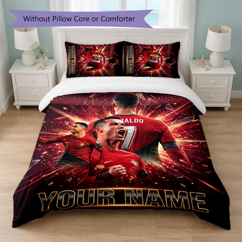 Set Biancheria da Letto Personalizzato Cristiano Ronaldo con Nome Testo 1 Copripiumino+2 Federe Logo Calcio Regalo Personalizzato per Occasione Speciale Arredamento Camera da Letto