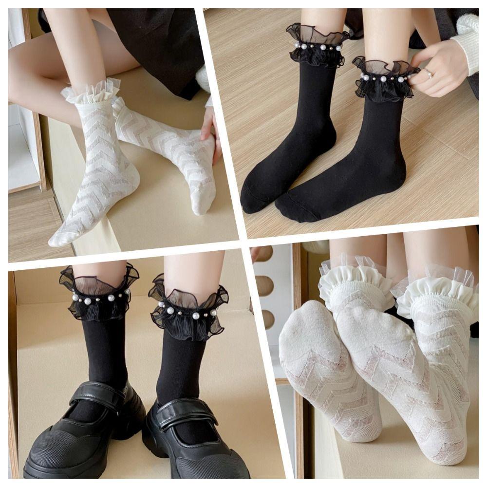 

Lolita Ruffle Socks Women White Cotton Socks Soft Mid Tube Socks Girl Pearl