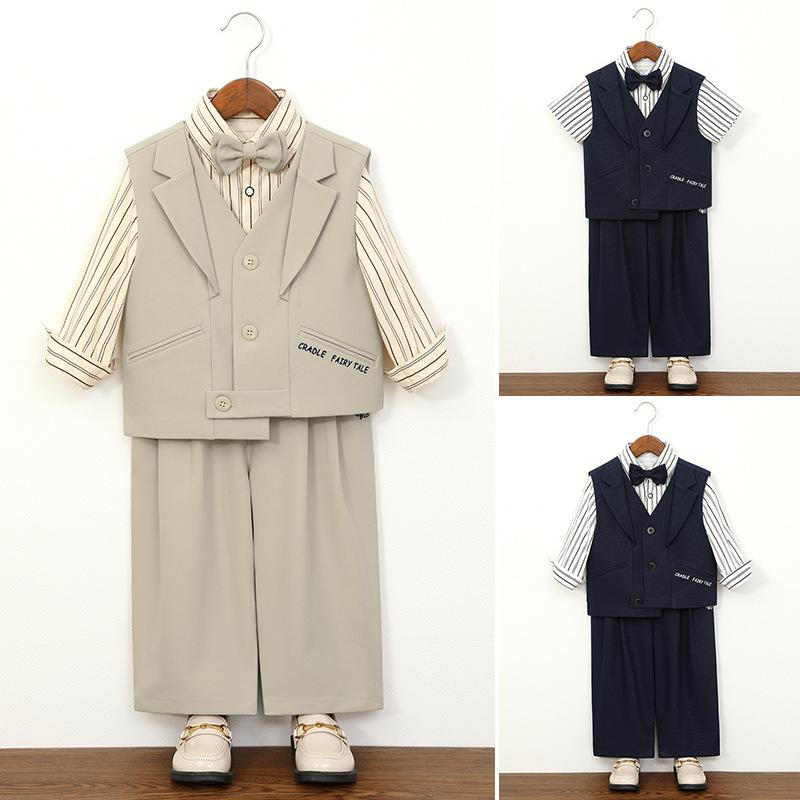Completo Formale a Righe per Ragazzi Camicia Gilet Pantaloni Outfit da Gentiluomo per Bambini Matrimonio Festa di Compleanno Sfilata Diploma Abito Completo