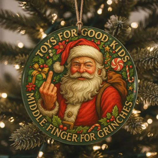 Funny Middle Finger Santa Christmas Ornament Naughty Acrylic Christmas Tree Hanging Ornaments for Window Wall Fireplace Home Tree Decor