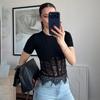 Black Lace Fish-bone Shirts For Women 2026 Spring Summer Chic Short Sleeve O-neck Blouse Lady Street Y2K Tops