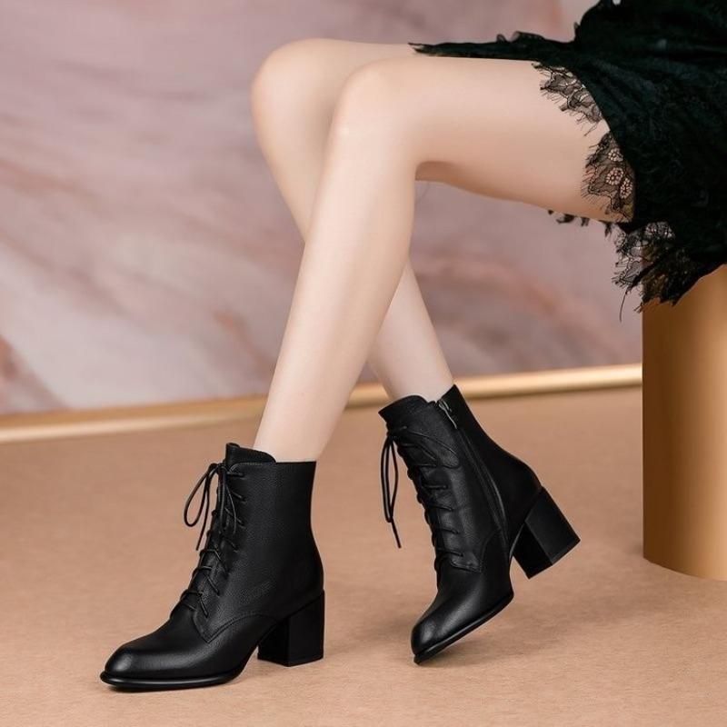 New Women's Shoes: Retro, Thick-heeled, Soft-top, Pointed-toe Lace-up Mid-heel Boots and Ankle Boots