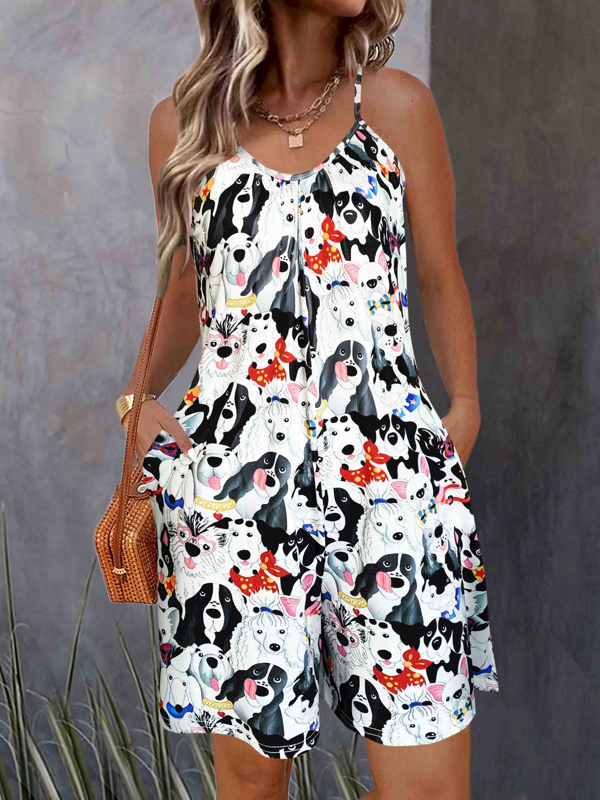 

Женский летний комбинезон с принтом «Собака» с круглым вырезом и бретельками S