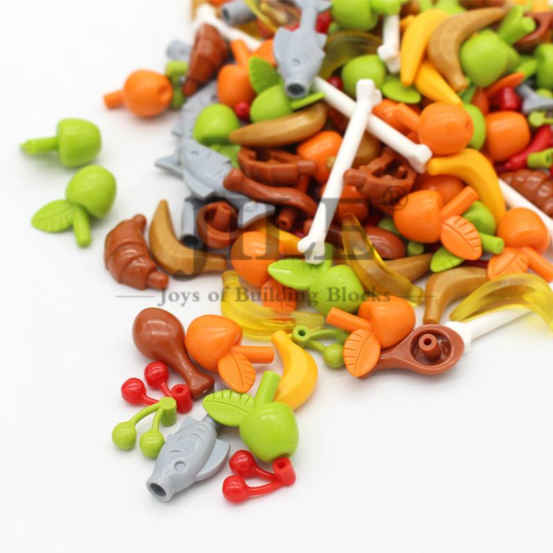 Moc Food Blocuri de construcție Piese Fructe Fructe Farfurie Tobă Cârnați Os Cărămizi DIY Set în vrac Compatibil cu Jucăriile City View Cântăresc