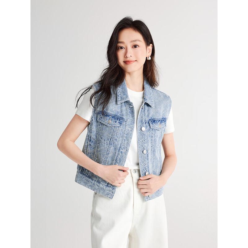 Women's Stylish Rhinestone Turn-Down Collar 100% Cotton Denim Vest