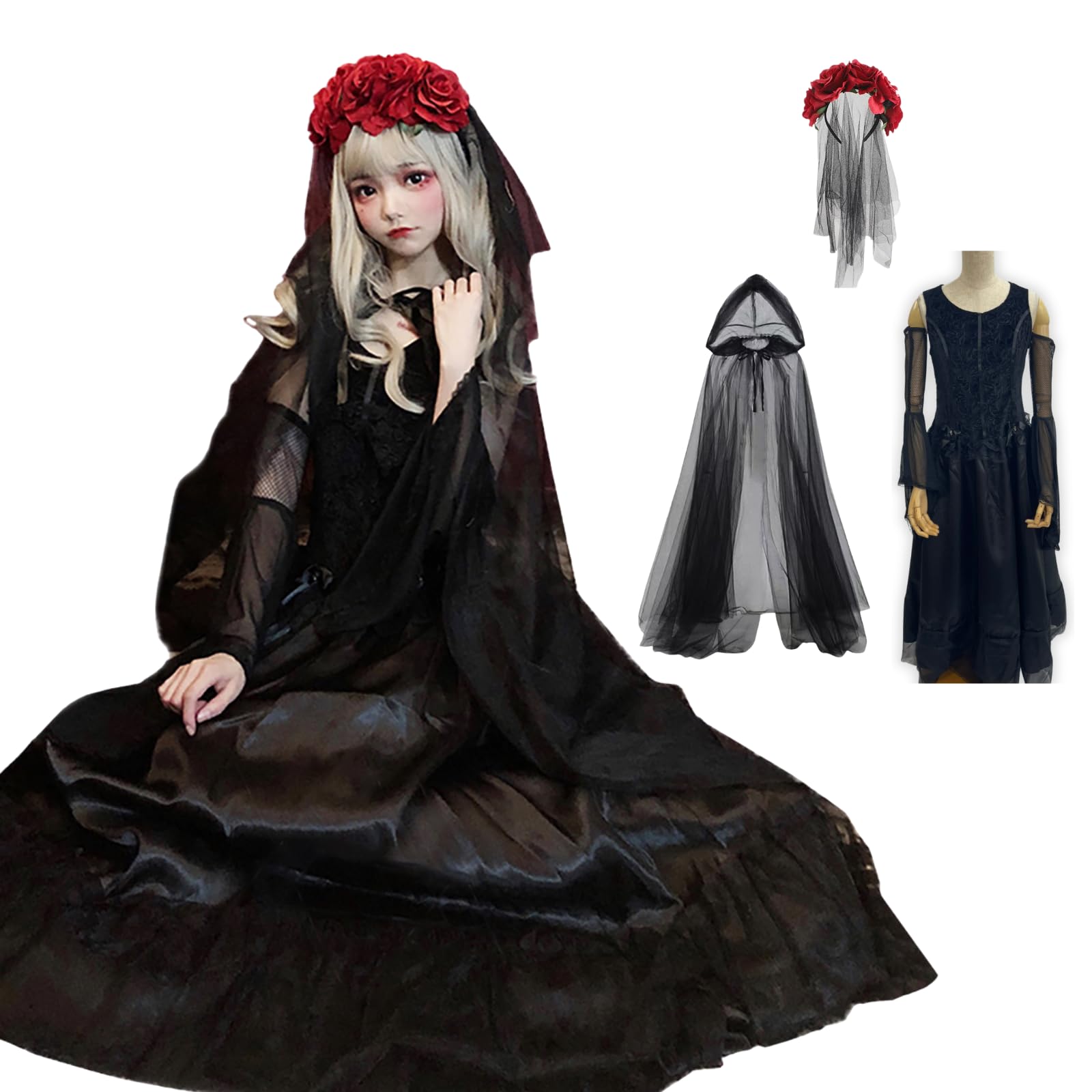 

Milky Time Хэллоуин Косплей Костюм Зомби Вампир Призрак с Розой Невеста, Милая и Сексуальная Невеста Зомби Длинный Черный (L)