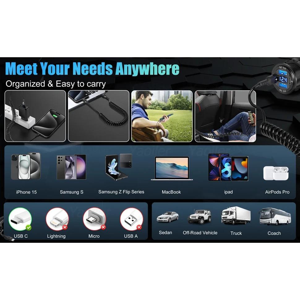 12V USB C Charger Outlet Aluminum Car Charger Socket Dual PD and Dual QC3.0 Car USB Port for Boat Marine Truck RV Motorcycle