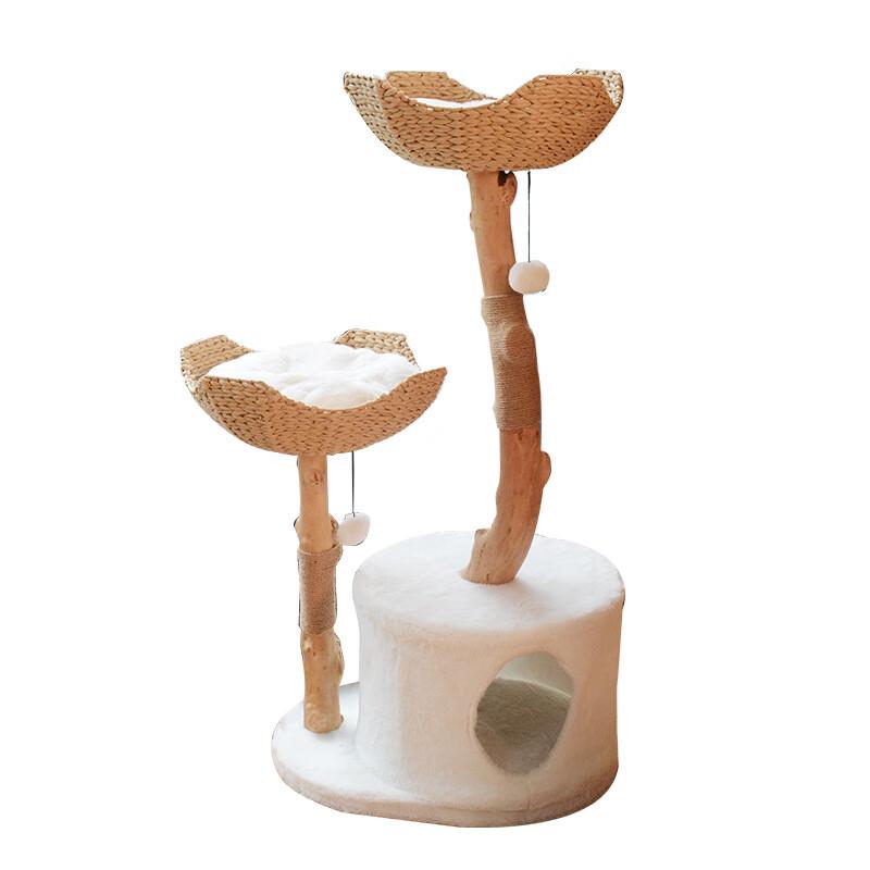Wooden Cat Tree with Double Nests and Scratching Post