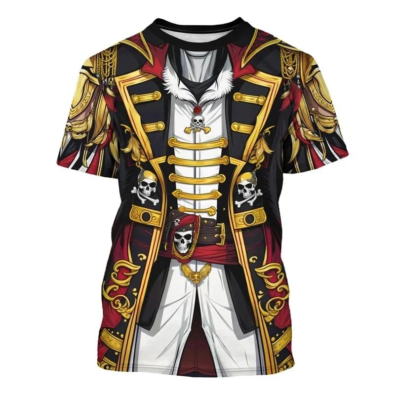 Funny Men's Pirate Costume 3D Print T-Shirt Skull Pirate Uniform Fake Outfit Graphic Short Sleeve Halloween Party Tee Tops