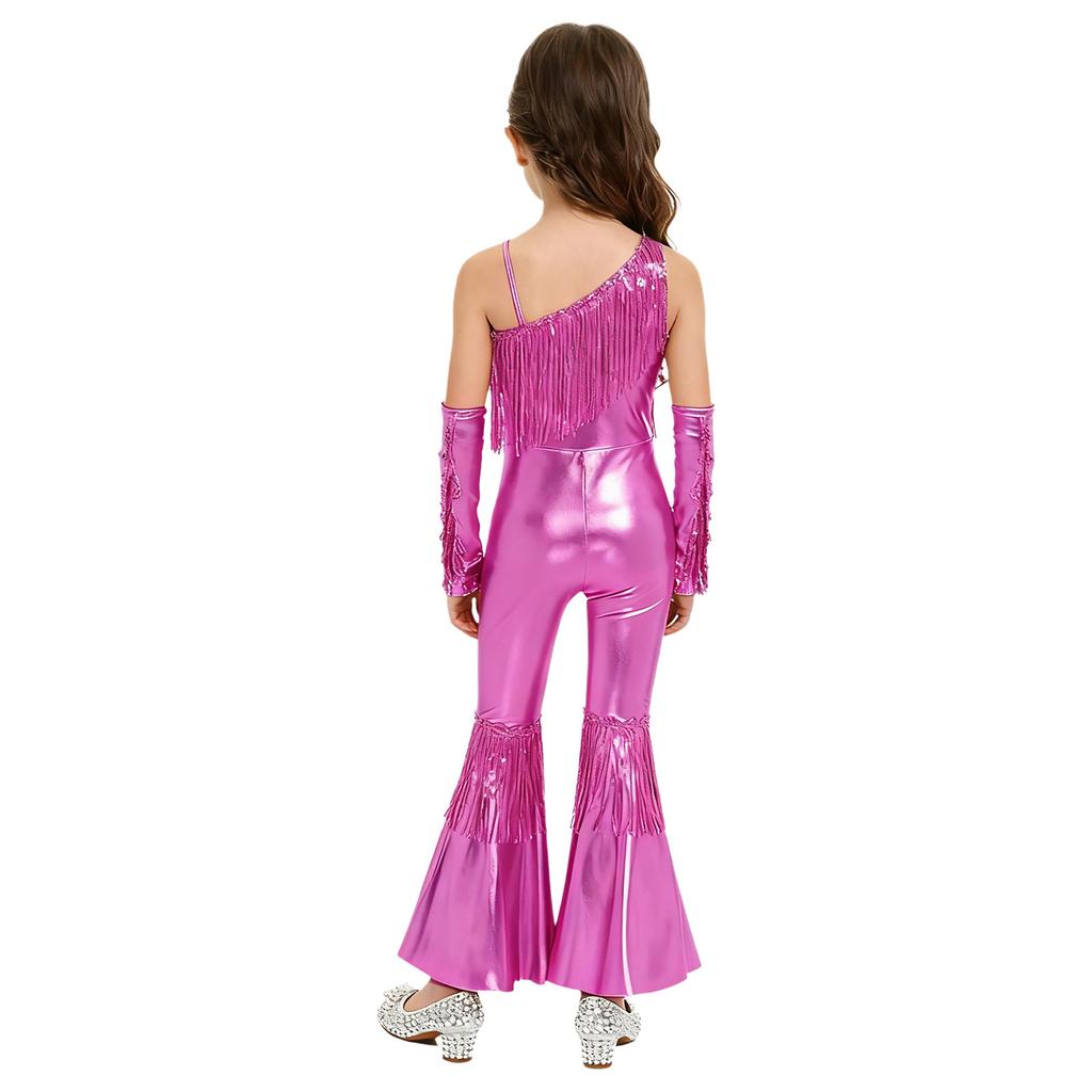 Girls Sequined One Shoulder Jumpsuit Sleeveless Disco Dance Costume High Waist Flared Design Tassel Details Gloves Included