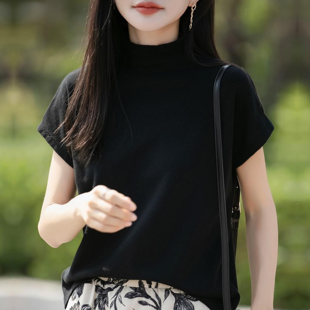 Women's Batwing Sleeve Knit Turtleneck Top Solid Andy Velvet Casual Slim Fit Short Sleeve Base Shirt