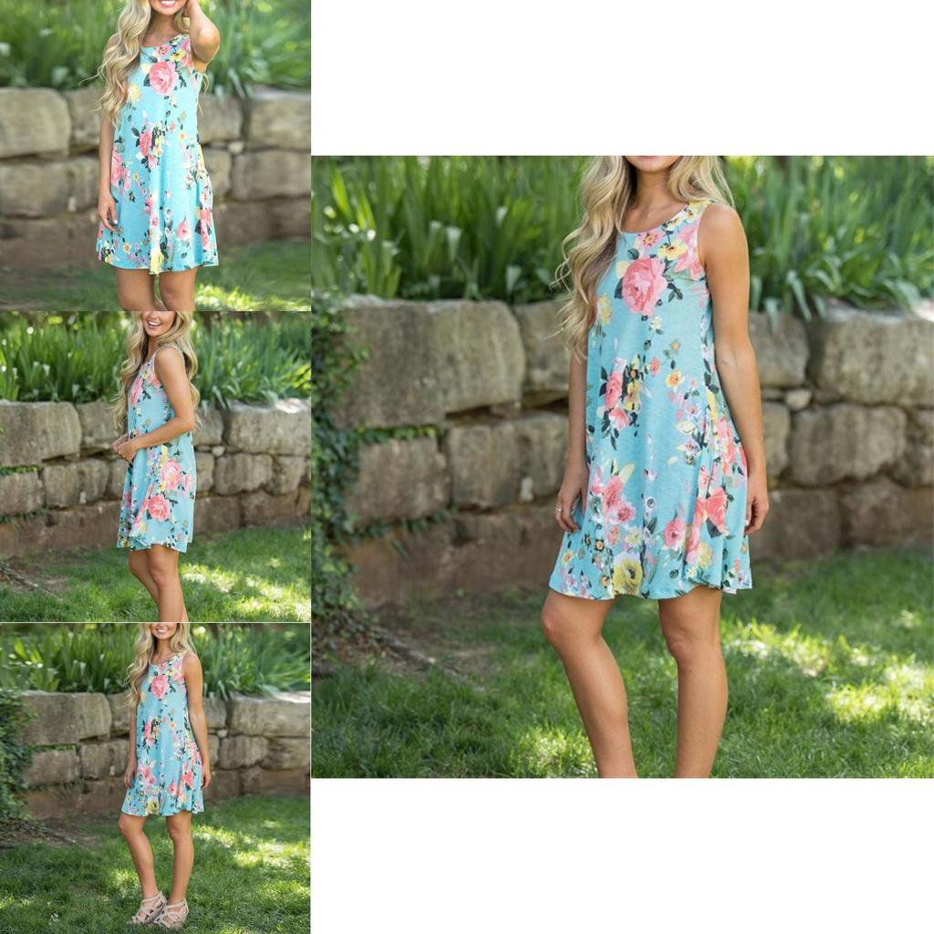 Sexy Summer Dress Loose Womans Fashion Casual Floral Print Sleeveless Dress In Bright Blue