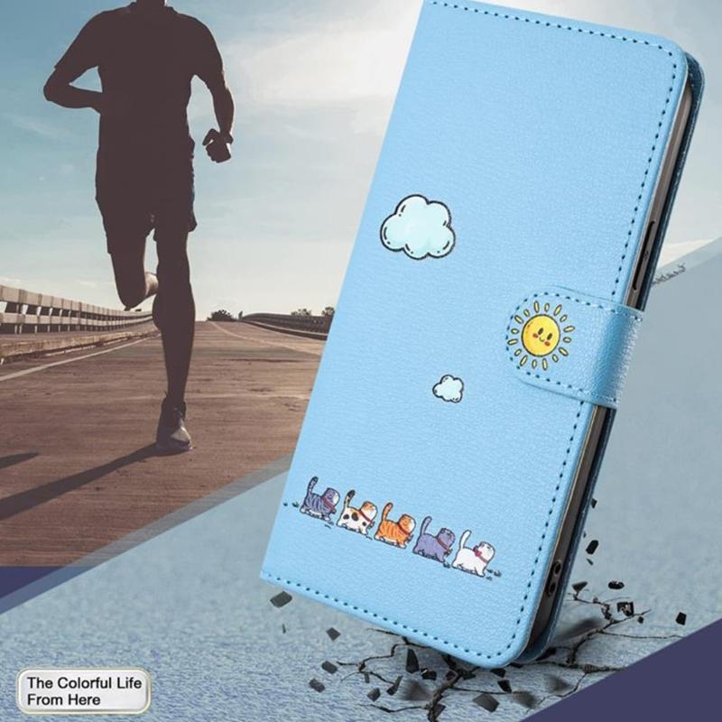 Artistic Feline Design Shockproof Flip Cover Case Protective Housing With Magnetic Snap Stand Function & Card Pockets