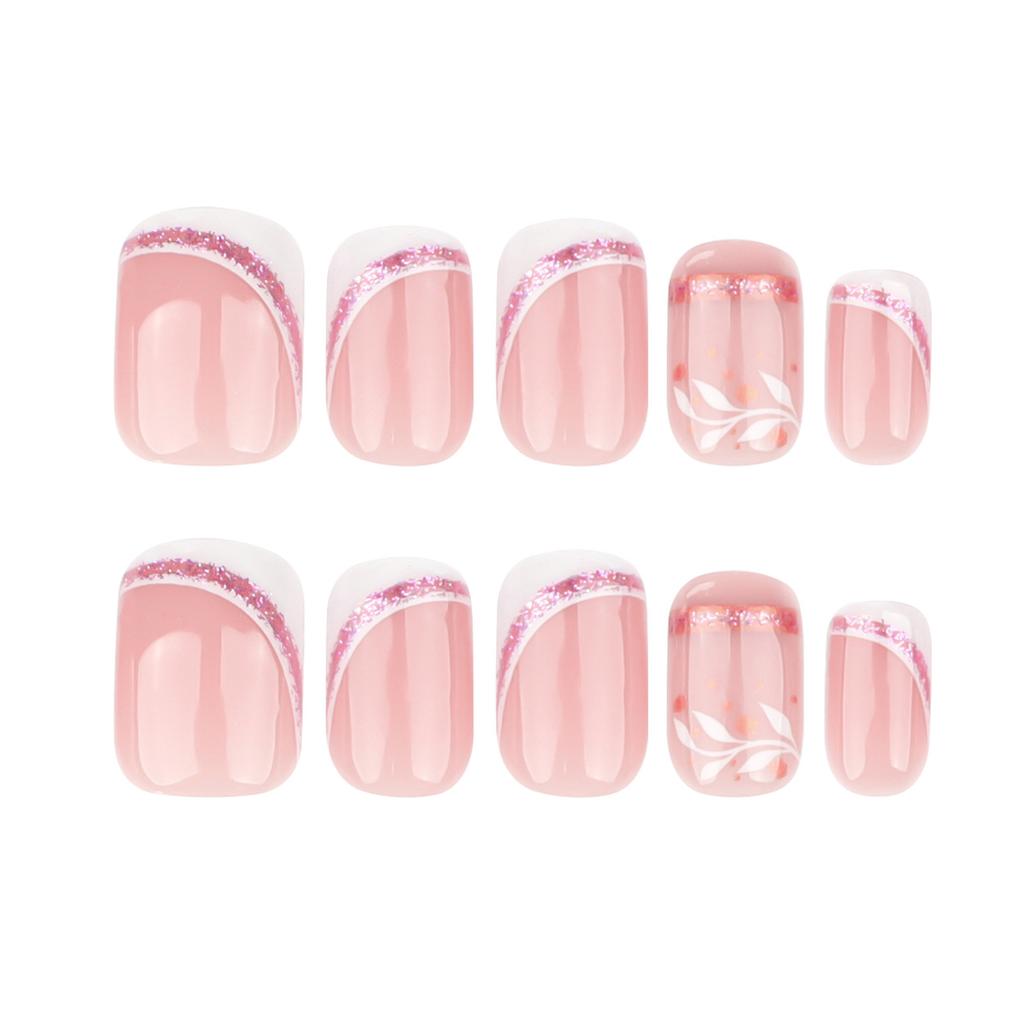 24 Pcs Glittering Press On Nail French Tips False Nail Leaf Full Cover Stick On Nail Short Square Acrylic Nail