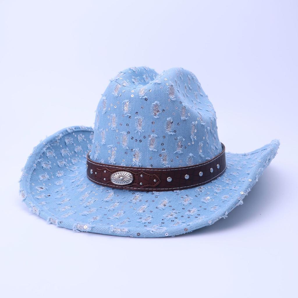 Stylish And High-Quality Old Denim Warped Edge Jazz Hat Can Be Worn In All Seasons, Men'S And Women'S Top Hats, Western Denim Hats
