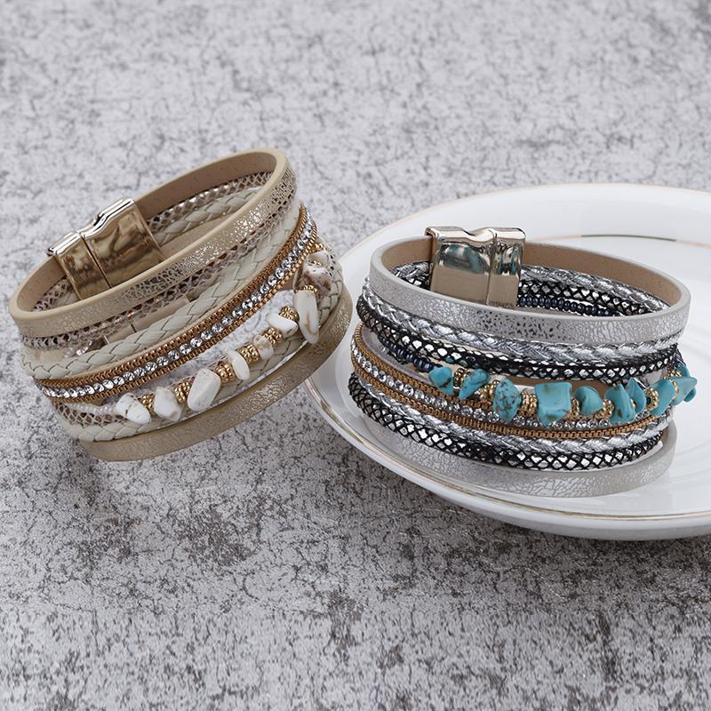 Stone Leather Bracelet for Women Retro Multilayer Crystal Snake Skin Wide Bangles Jewelry Gifts