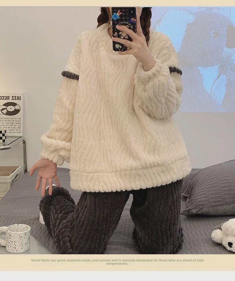 Women's Winter Velvet Thick Pajama Set - Long Sleeve, Cozy, Plus Velvet, Home Suit