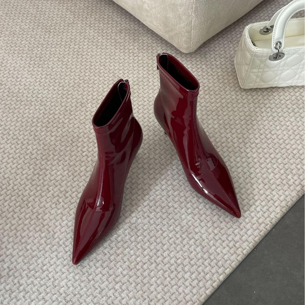 2025 new pointed stiletto patent leather rear zipper fashion Martin Chelsea Skinny Martin women's shoes