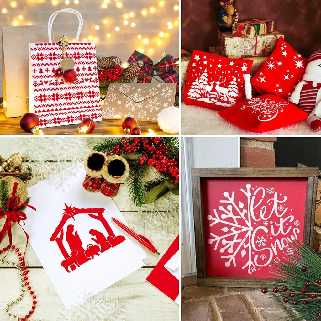 16 Pieces/set, Reusable, Winter Holiday Templates, Christmas Decorations, Christmas Painting Templates, Party Decorations, White