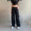 Y2K High Street Denim Cargo Pants Women Gray Big Pocket Slim Female Straight Pants High Waist Vintage Casual Lady Baggy Trousers