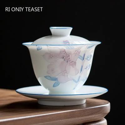 Tureen à Thé en Céramique Peinte à la Main Chinoise Tasse à Thé de Voyage Gaiwan Fait Main Fleurs en Relief Tridimensionnelles Bol à Thé en Porcelaine