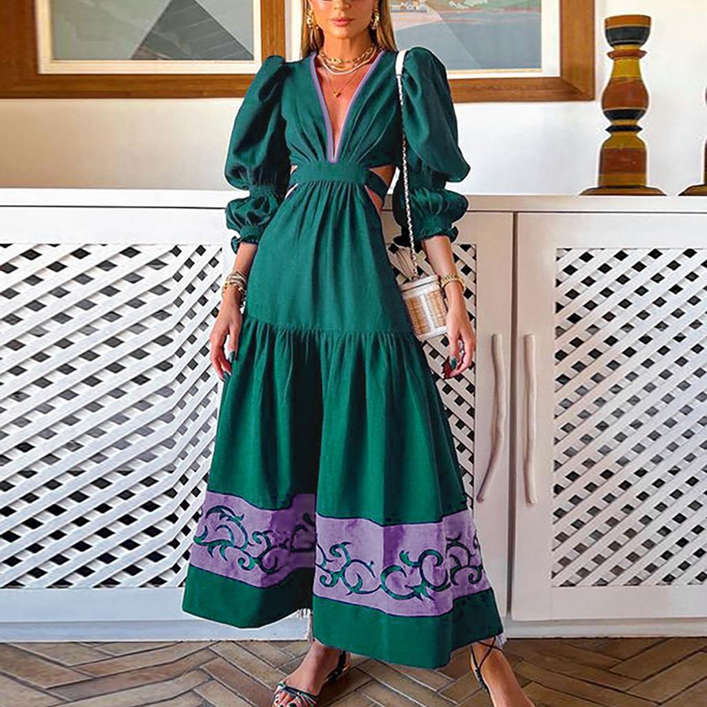 Women's Fashion Sexy Long Print V-Neck Long Sleeves Puff Sleeve Dress