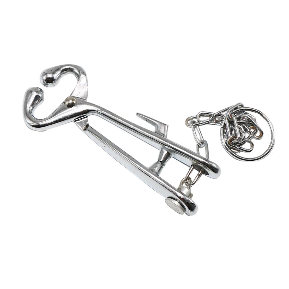 Stainless Steel Cattle Nose Ring Cow Nose Plier Traction Force Tool with Chain Metal Animals Locking Equipment Accessory