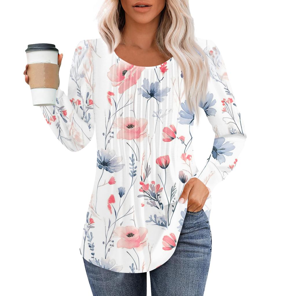 Damenmode Lässig Plissiert Rundhals Vintage Blumendruck Langarm T-Shirt Top