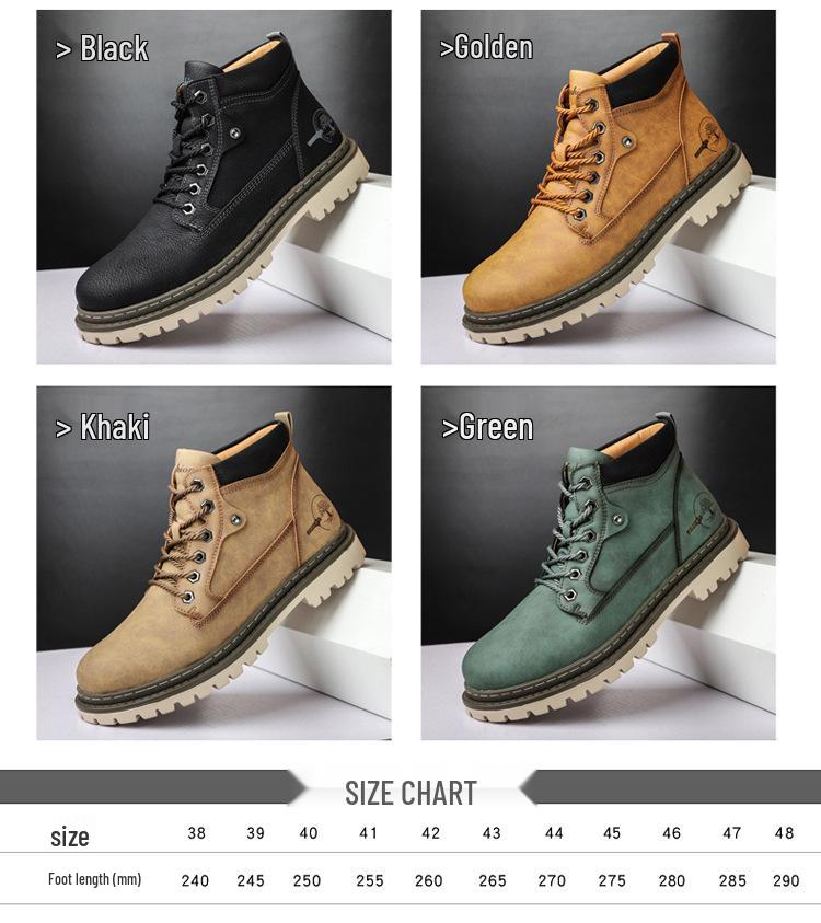 Men's Fleece-Lined Martin Boots, High-Top Leather Work Boots, Non-Slip, British Casual, Wear-Resistant, Large Sizes Available