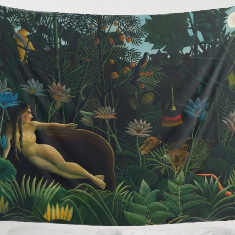 Tapestry art by Henri Rousseau tropical jungle 75x100 чёрный