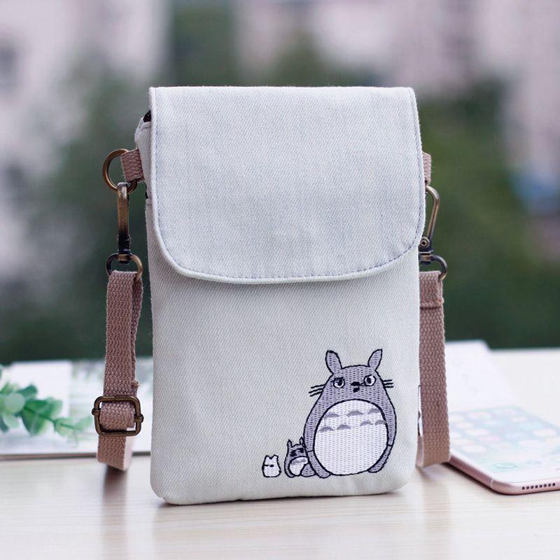 

Женская летняя однотонная парусиновая сумка, самая простая в сочетании, с карманом для монет и сумкой для мобильного телефона Denim White Totoro Dual-use