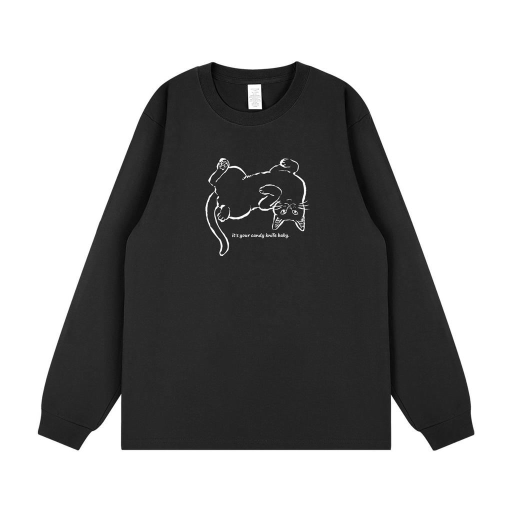 Niche Trend Hand-Painted Cat Print Long Sleeve T-Shirt - Korean Style Autumn/Winter