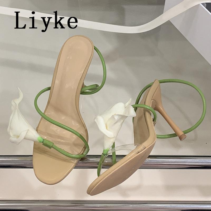 Fashion Liyke Yellow Green Back Strap Women Sexy Slingback Sandals Fashion Open Toe Morning Glory Design High Heels Party Dress Shoes
