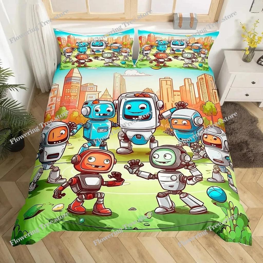 Boys Cartoon Robot Rocket Duvet Cover King Queen Size,Kids Spaceship Bedding Set Starry Galaxy Universe Planet Quilt Cover