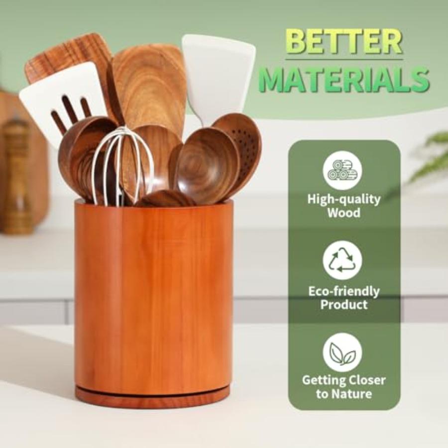 Wooden Utensil Holder 360 Rotating 7.3'' Large Kitchen Counter Organizer Cherry Wooden Utensil Crock Farmhouse Kitchen Countert