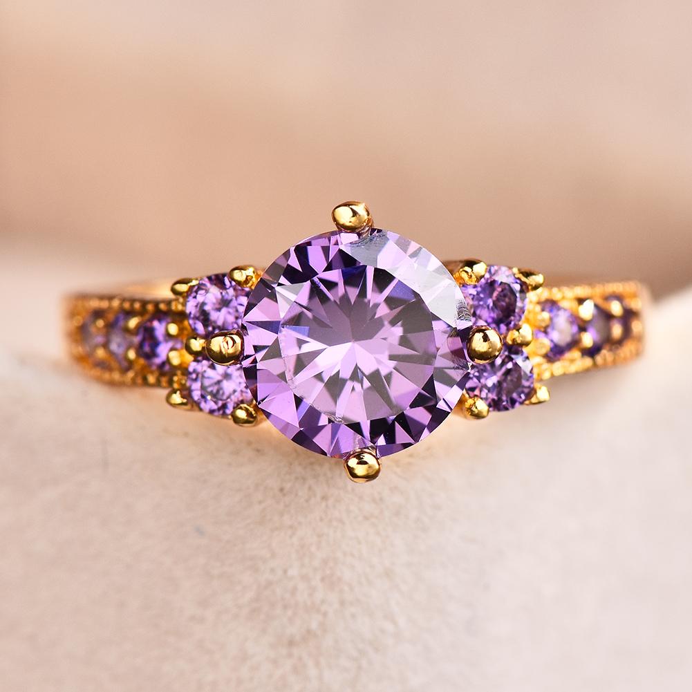 Vintage Female Purple Crystal Stone Charm Gold Color Thin Wedding Jewelry For Women Luxury Round Zircon Engagement Ring