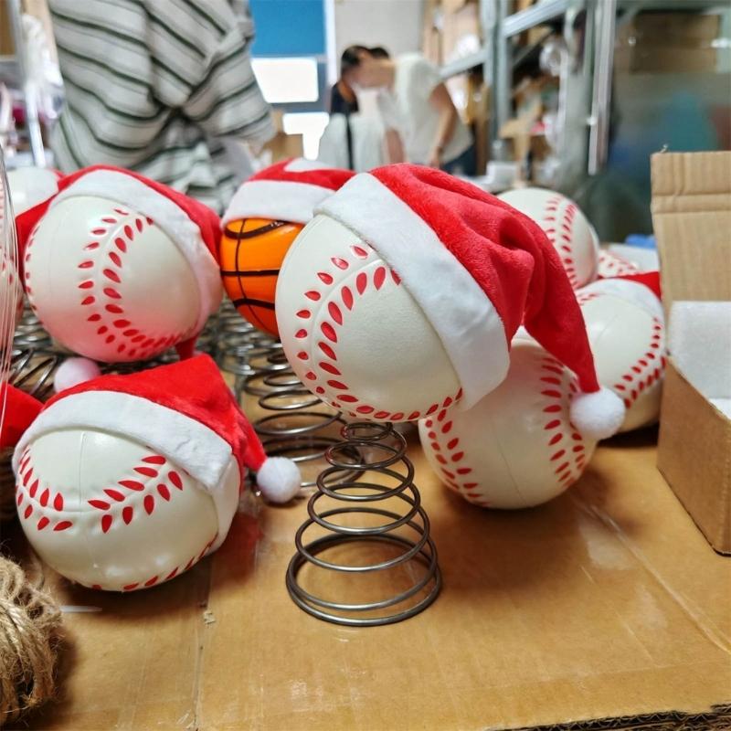 Sports Ball Christmas Tree Top Ornament, Spring Mounted Santa Hat Style for Indoor Holiday Party Tabletop Shelf Display