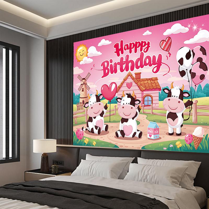 1 piece, birthday happy cartoon cow farm background decoration, polyester banner decoration, home decoration