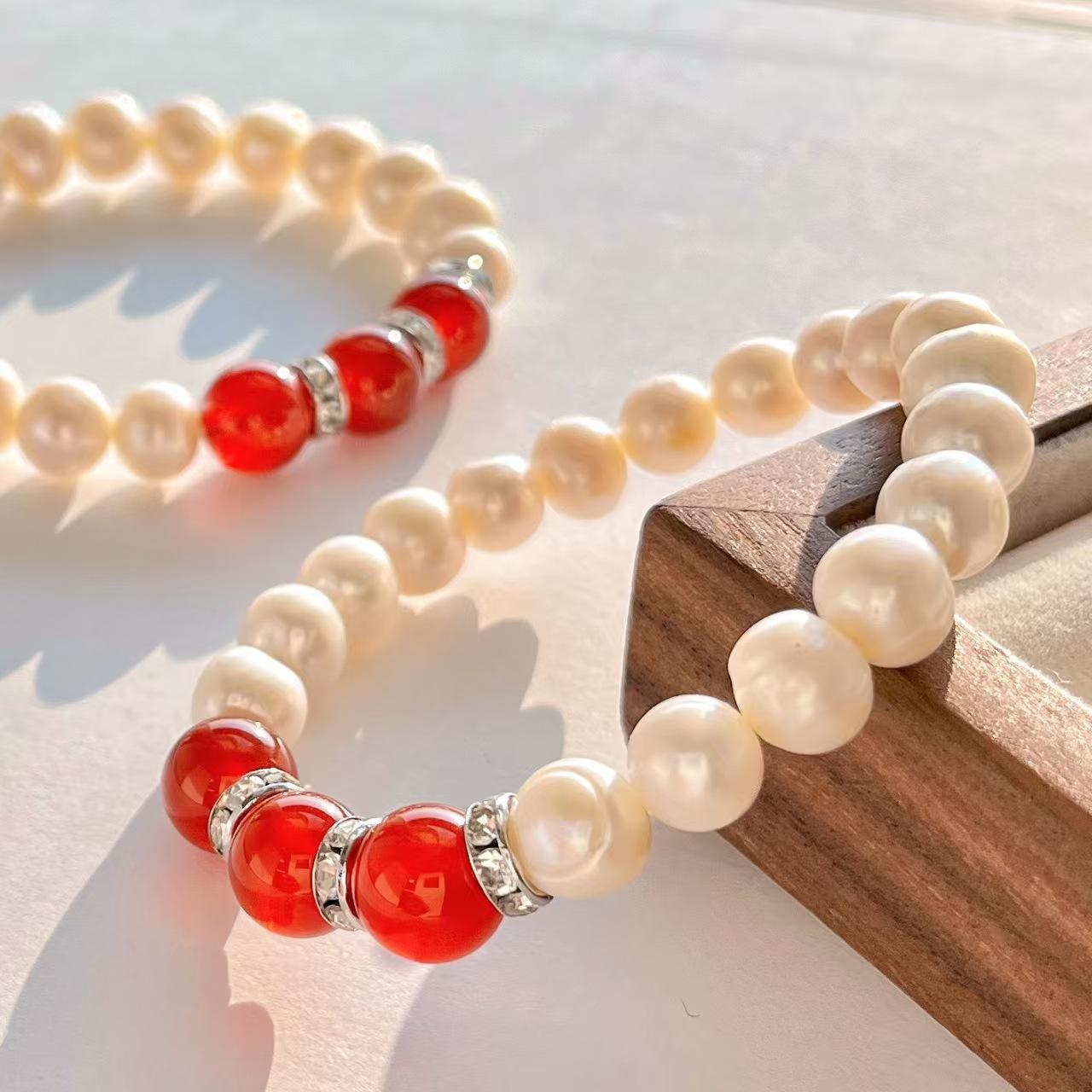 9-10Mm Retro High Quality Natural Freshwater Pearl Chalcedony Bracelet Basic Commuter Bracelet