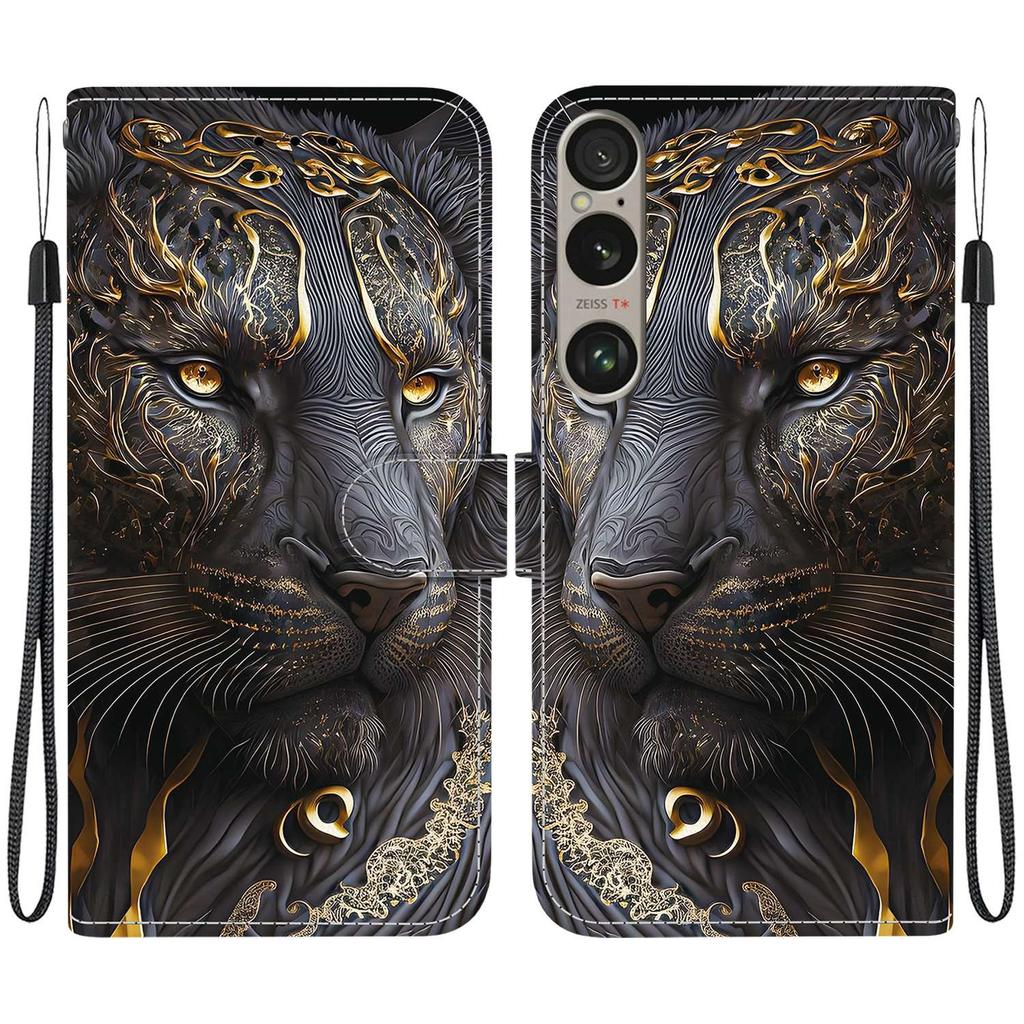 Handmade PU Leather Flip Case for Sony Xperia 1 VI Anti-Slip Shockproof Cover with Wrist Strap & Heart/Rose Cat Designs