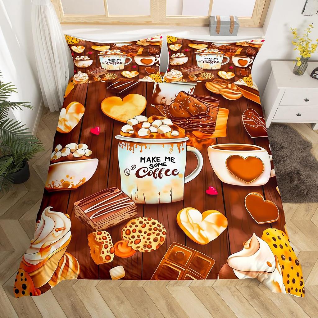 Cartoon Food Duvet Cover Twin Queen Size Yummy Dessert Bedding Set, Ice Cream Pattern Comforter Cover for Kids Girls Room Dorm
