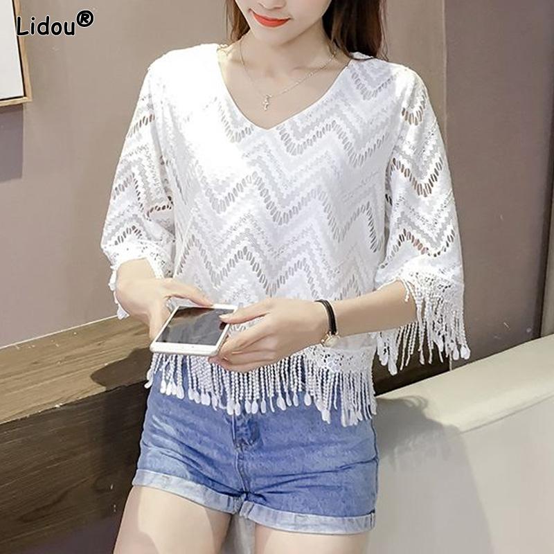 

Прямые Свободные Модные Повседневные Пуловеры Однотонные Футболки с Кисточками Простота V-образный вырез Короткий рукав Ажурные Женская одежда XL белый