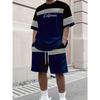 Men's Summer Breathable and Comfortable Round Neck T-shirt Top Shorts Set with Striped Pattern Print Outdoor Two-piece Set